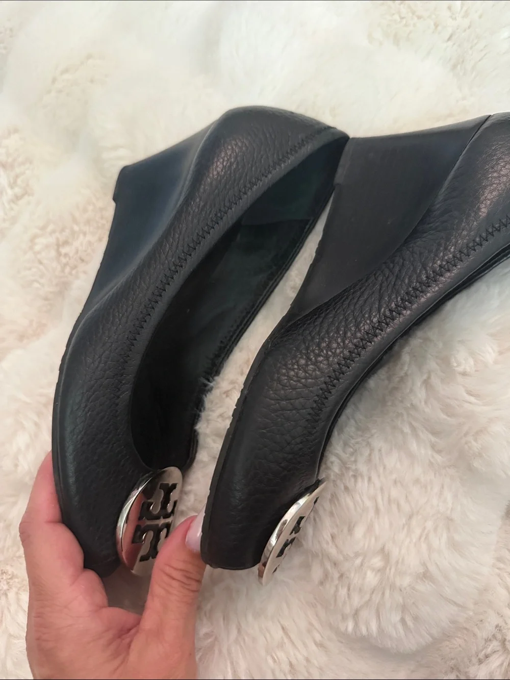 Tory Burch sally 2 peep toe  Black Leather Wedges with Silver Logo Medallion